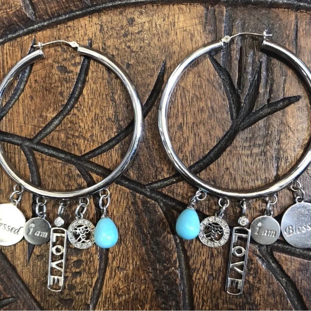 Mary Margrill 14k Gold “Love, I AM Blessed” Diam Turquoise Charms Hoop Earrings - Picture 2 of 8